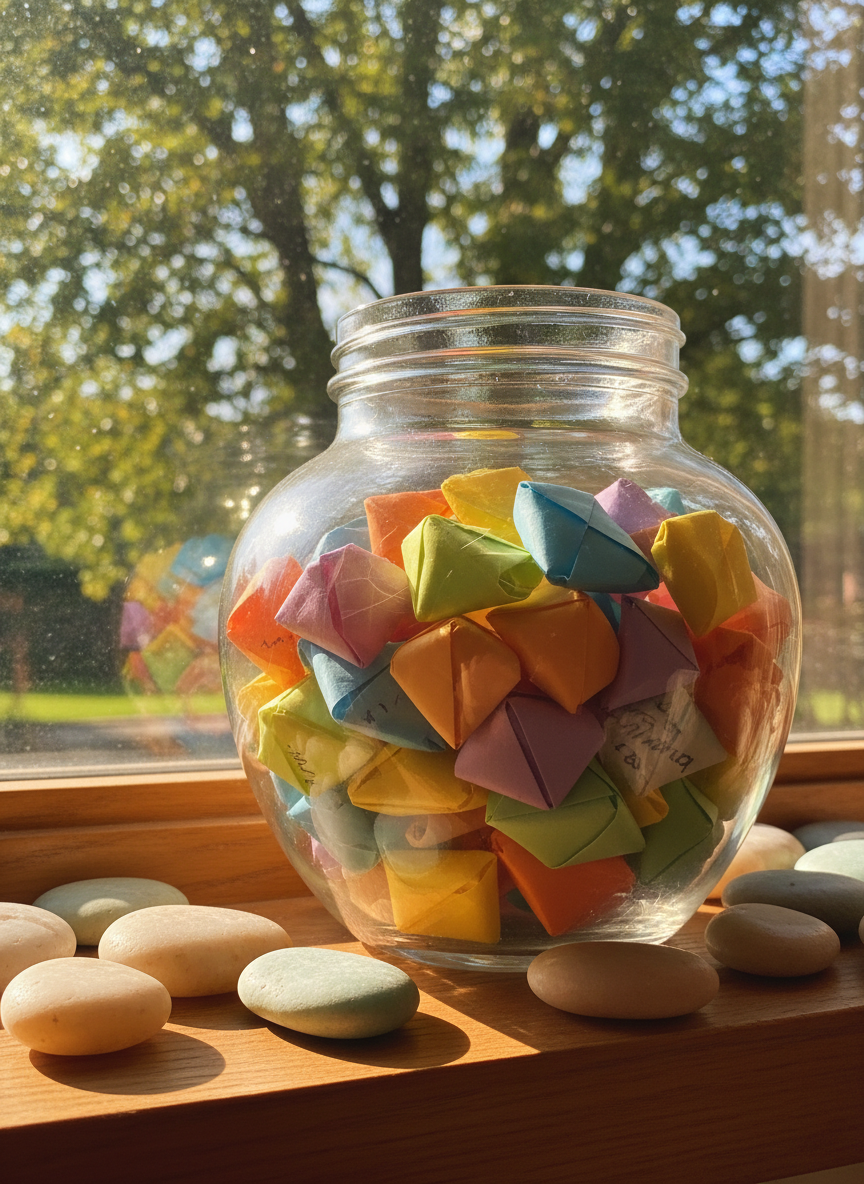 A transparent glass jar filled with brightly colored “gratitude notes,” each folded into cheerful rounded shapes, sits on a sunlit windowsill lined with smooth, pastel river stones. Outside the glass, leafy tree branches cast playful, shifting shadows across the scene, while late morning sunlight creates sparkling highlights on the jar and notes. The composition is dynamic yet balanced, viewed from a slightly low angle to emphasize the jar’s inviting translucence against a soft, blurred natural backdrop. The mood is uplifting and energetic, bursting with positivity and hope, while the vibrant photographic style and whimsical arrangement make it feel both approachable and uplifting—an ideal visual for a site celebrating reflection and loving connection within family life.