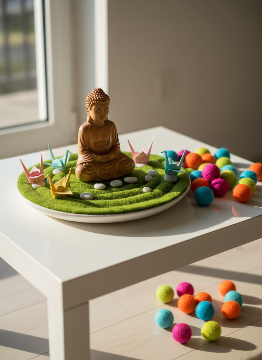 A small, smooth wooden Buddha statue sitting atop a rounded moss-green pebble tray, surrounded by playful pastel origami cranes and delicate pebbles. The arrangement rests on a low, white lacquered table next to a scattering of vivid, round felt balls. Filtered early morning light cascades in from the left, infusing the scene with a serene but lively vibrancy, catching natural highlights in the polished wood and soft fabric textures. The composition uses a gentle rule of thirds layout, creating a whimsical yet harmonious visual flow. The overall photographic realism, bright color palette, and energetic layout evoke compassion, wisdom, and an approachable spirit, perfectly reflecting gentle, loving parenting informed by Buddhist values.