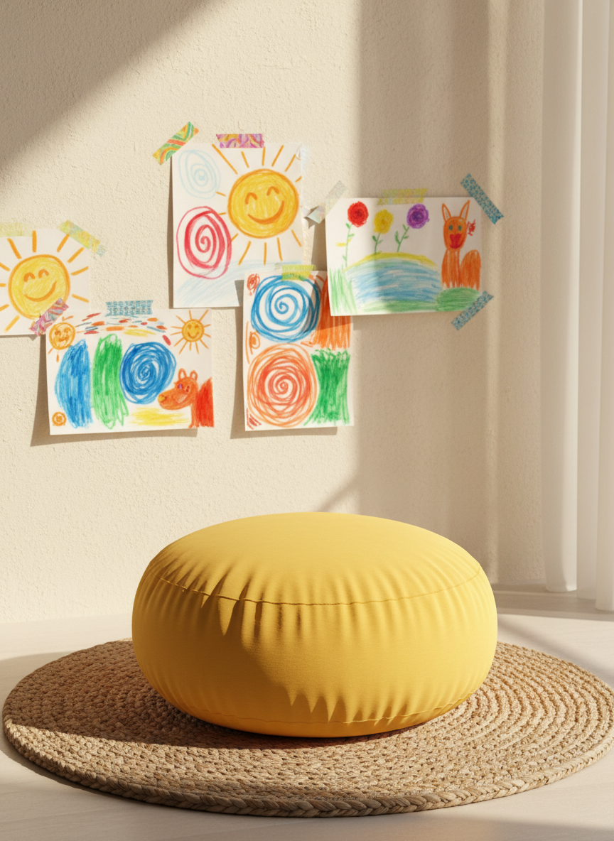 A plush, rounded meditation cushion in sunny yellow fabric, nestled on a cozy woven mat. The setting is a peaceful corner of a serene home, with bright, hand-painted children’s drawings taped to the softly textured cream-colored wall behind it. Diffused daylight pours in from a nearby window, illuminating the scene with a gentle, calming glow and casting subtle, rounded shadows. The photographic composition employs a centered, eye-level perspective and balanced framing, letting the cushion radiate warmth and welcome. The mood is tranquil and playful, effortlessly combining mindfulness and the joyful spontaneity of childhood, with bright energetic colors and whimsical forms to express the site’s loving, nurturing approach.
